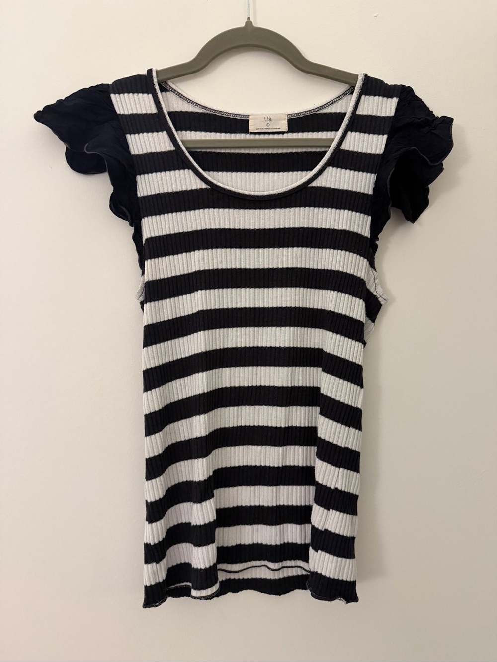 T.La Black & White Striped Ribbed Tank with Flutter Sleeves
